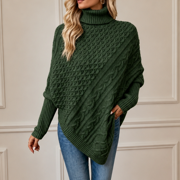 Cable Knit Turtleneck Asymmetric Sweater