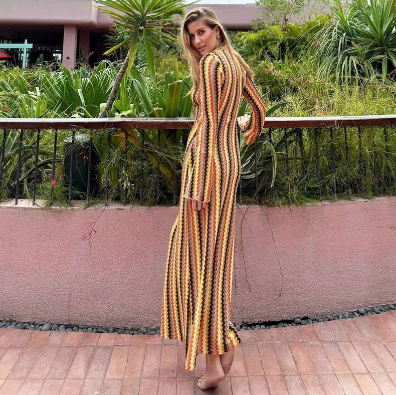 Crochet Striped Long Sleeve Maxi Dress
