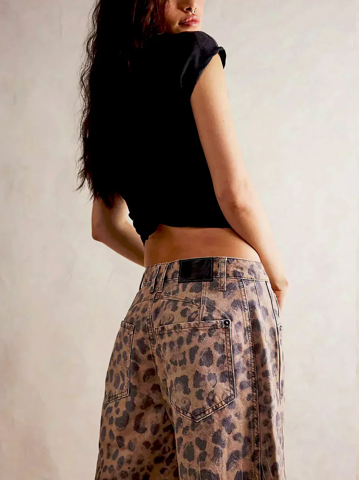 Denim Leopard Print Wide Leg Pants