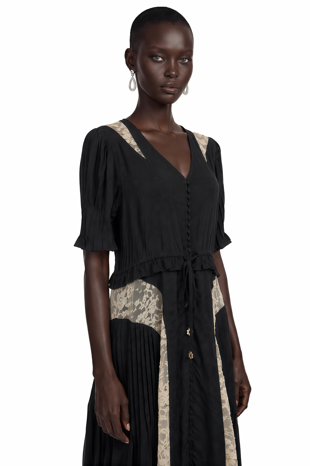 Lace Trim Button Front Midi Dress
