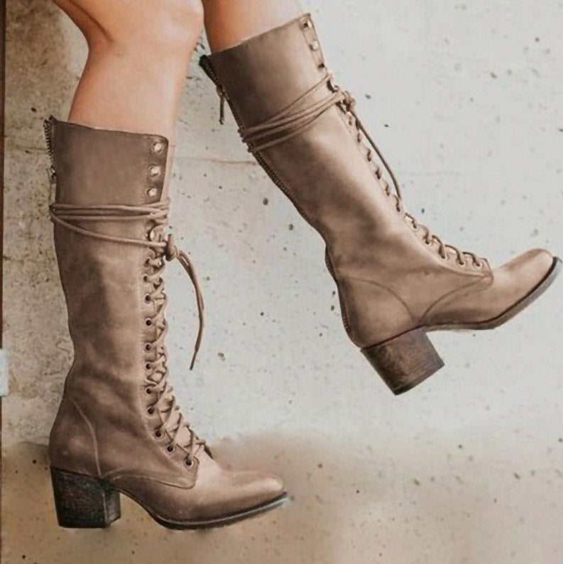 Lace Up Block Heel Knee High Boots