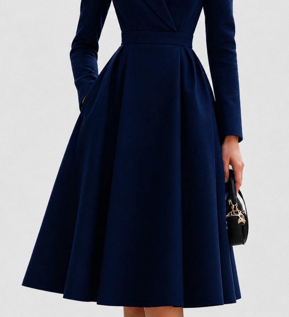 Lapel Long Sleeve Pleated Midi Dress