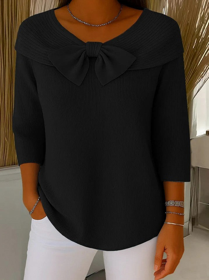 Ribbed Knit Bow Neck Sweater