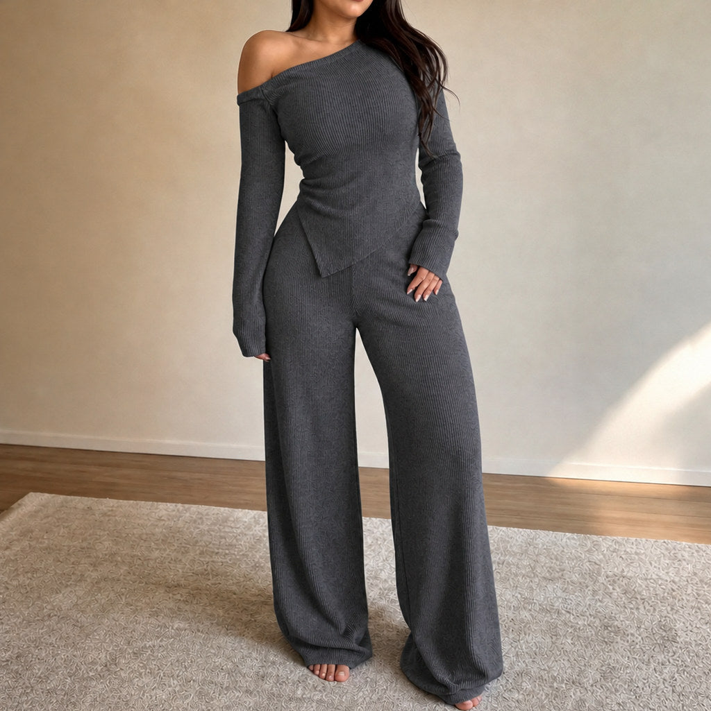 Ribbed Knit One Shoulder Long Sleeve Set