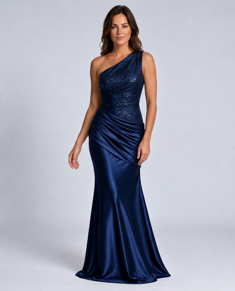Sequin One Shoulder Satin Maxi Dress
