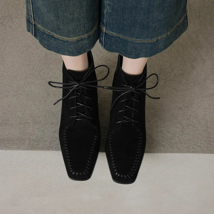 Suede Lace Up Block Heel Booties