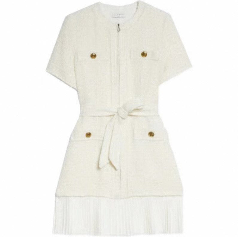 Tweed Belted Pleated Mini Dress