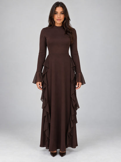 A-Line Long Sleeve Ruffle Maxi Dress