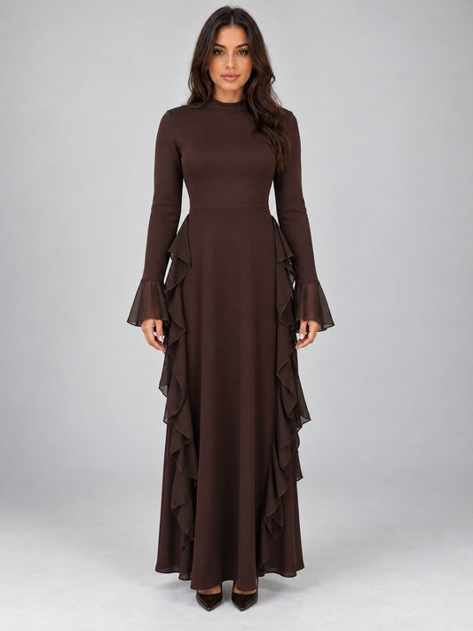 A-Line Long Sleeve Ruffle Maxi Dress