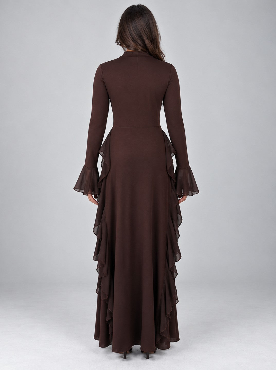 A-Line Long Sleeve Ruffle Maxi Dress