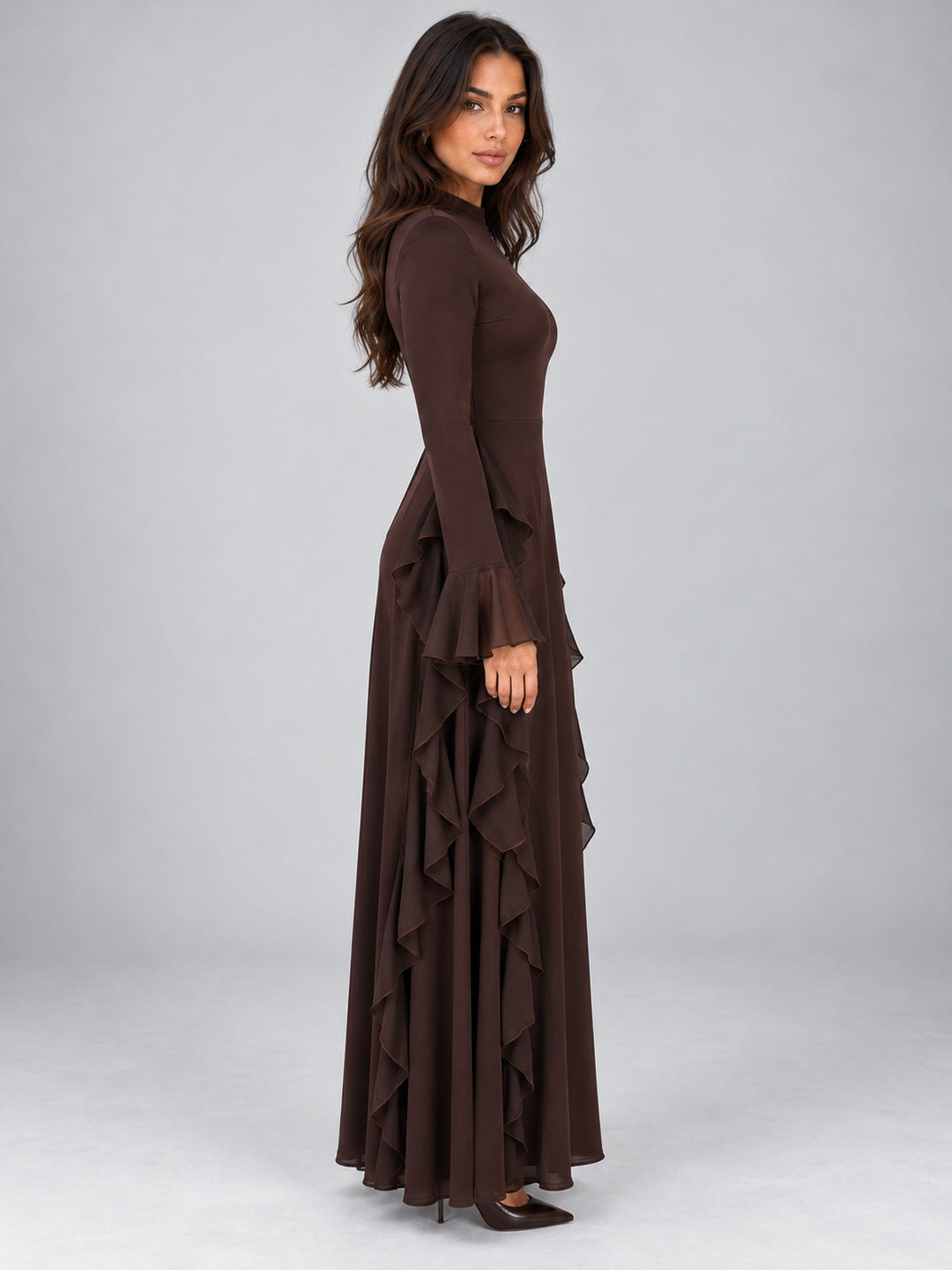 A-Line Long Sleeve Ruffle Maxi Dress