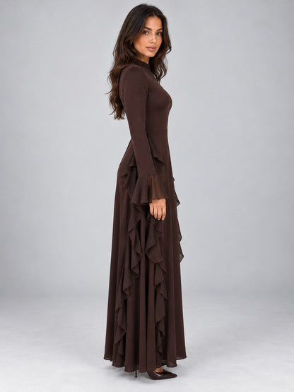 A-Line Long Sleeve Ruffle Maxi Dress
