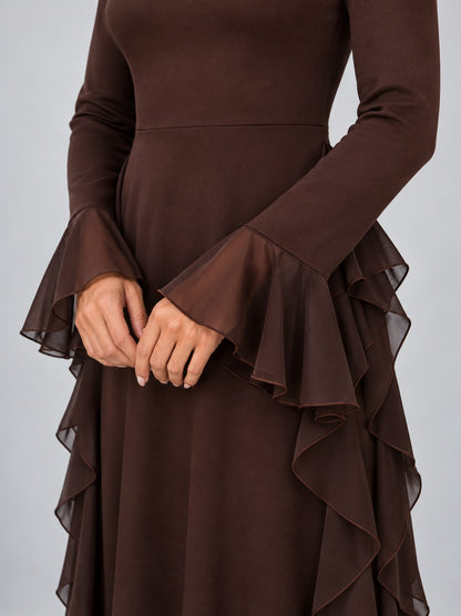 A-Line Long Sleeve Ruffle Maxi Dress