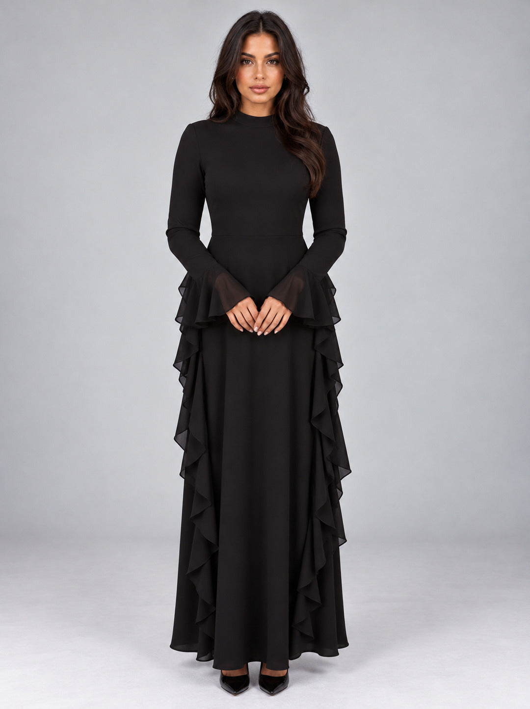 A-Line Long Sleeve Ruffle Maxi Dress