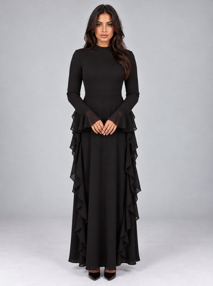 A-Line Long Sleeve Ruffle Maxi Dress