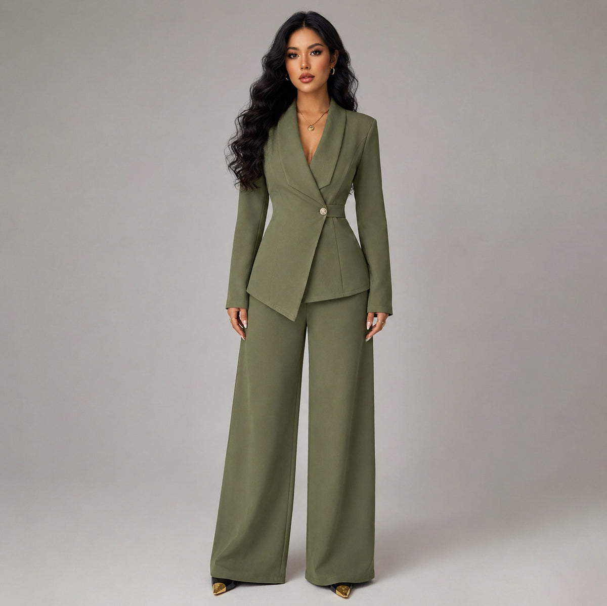 Asymmetric Blazer and Wide Leg Pants Set