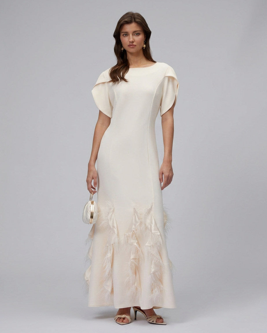 Boat Neck Fringe Trim Maxi Dress