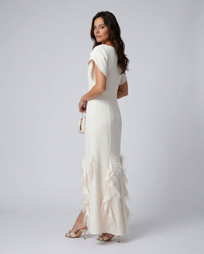 Boat Neck Fringe Trim Maxi Dress
