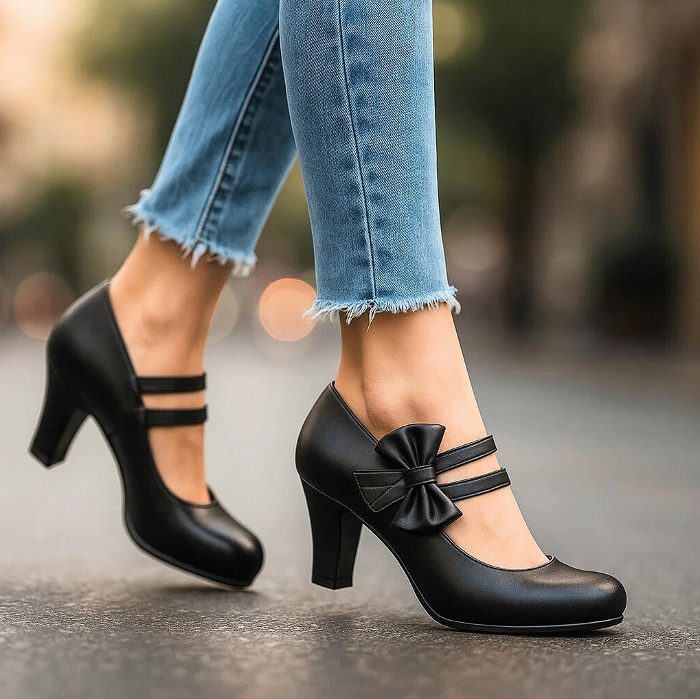 Bow Double Strap Mary Jane Pumps