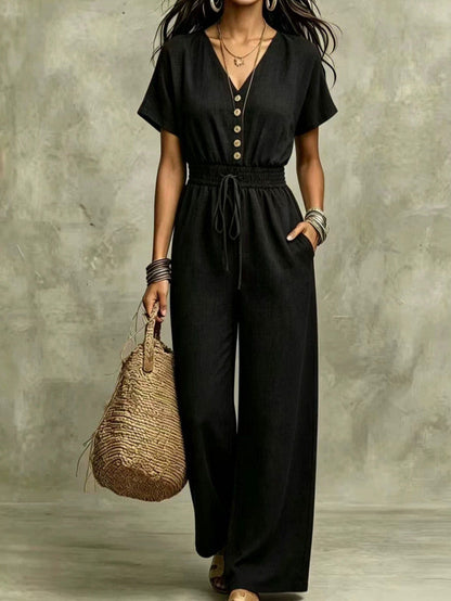 Button Front Wide Leg Jumpsuit