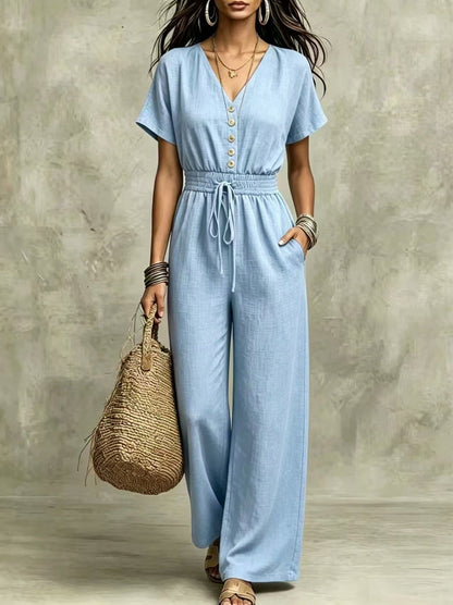 Button Front Wide Leg Jumpsuit