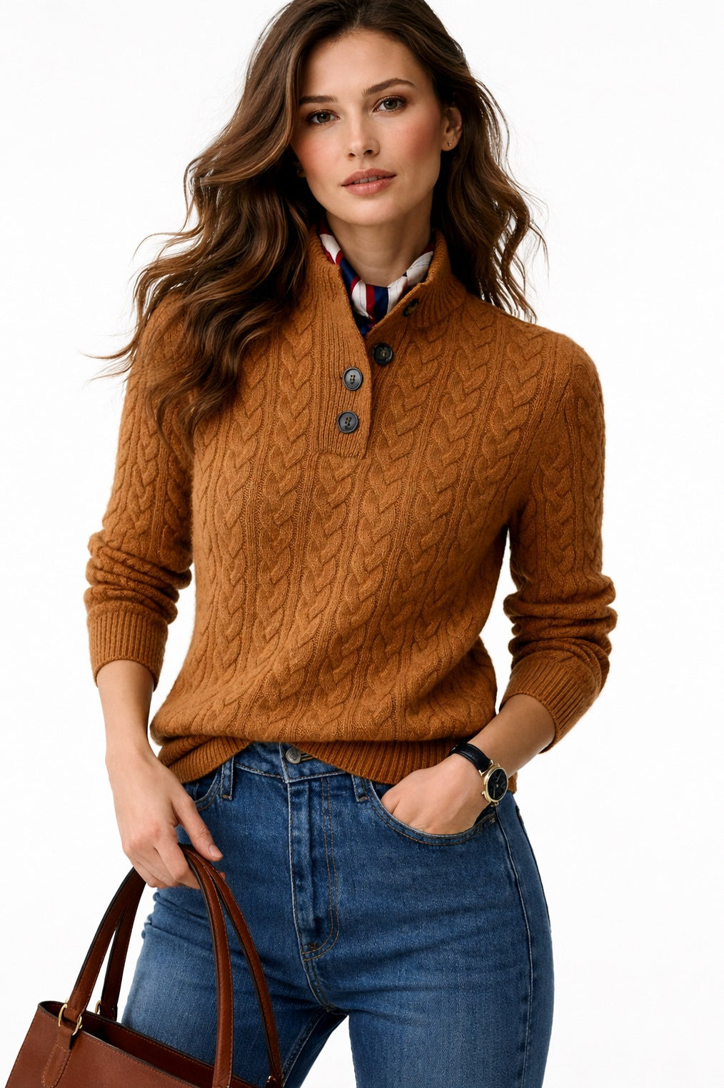 Cable Knit Button Mock Neck Sweater