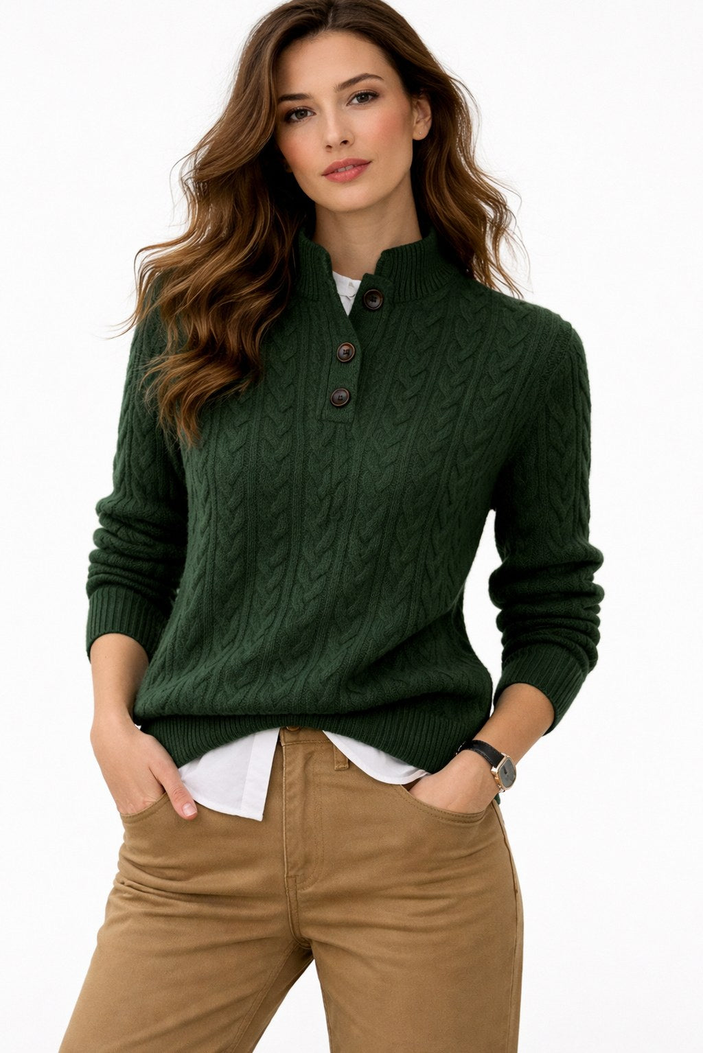 Cable Knit Button Mock Neck Sweater