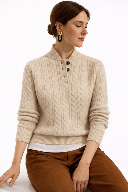 Cable Knit Button Mock Neck Sweater