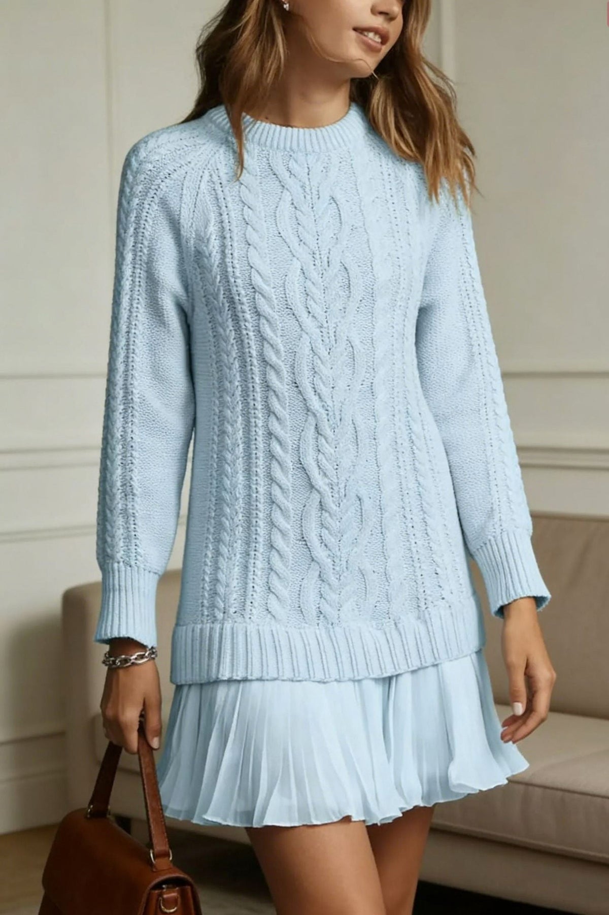 Cable Knit Pleated Mini Dress