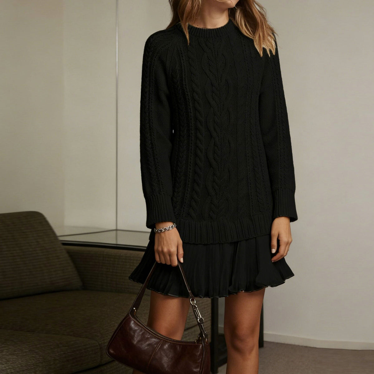 Cable Knit Pleated Mini Dress