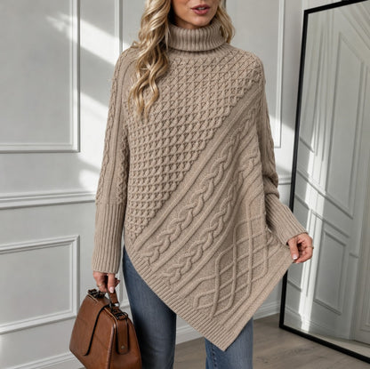 Cable Knit Turtleneck Asymmetric Sweater