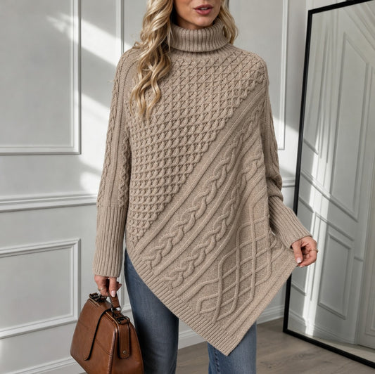 Cable Knit Turtleneck Asymmetric Sweater