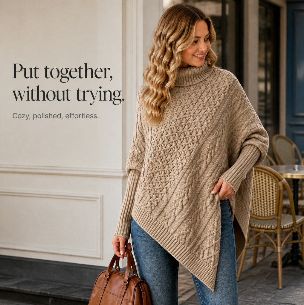 Cable Knit Turtleneck Asymmetric Sweater