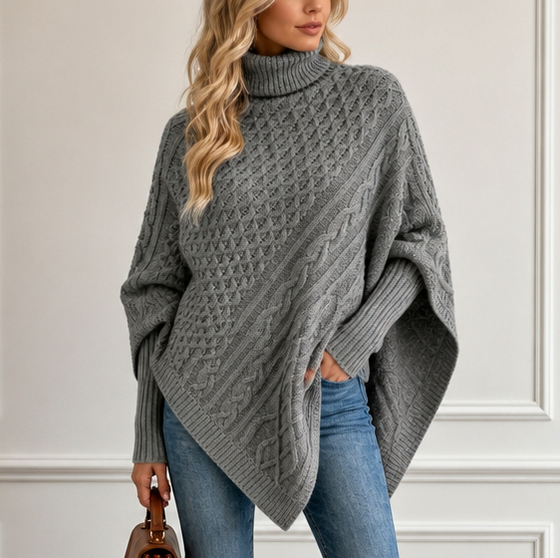 Cable Knit Turtleneck Asymmetric Sweater