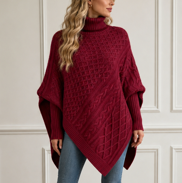 Cable Knit Turtleneck Asymmetric Sweater