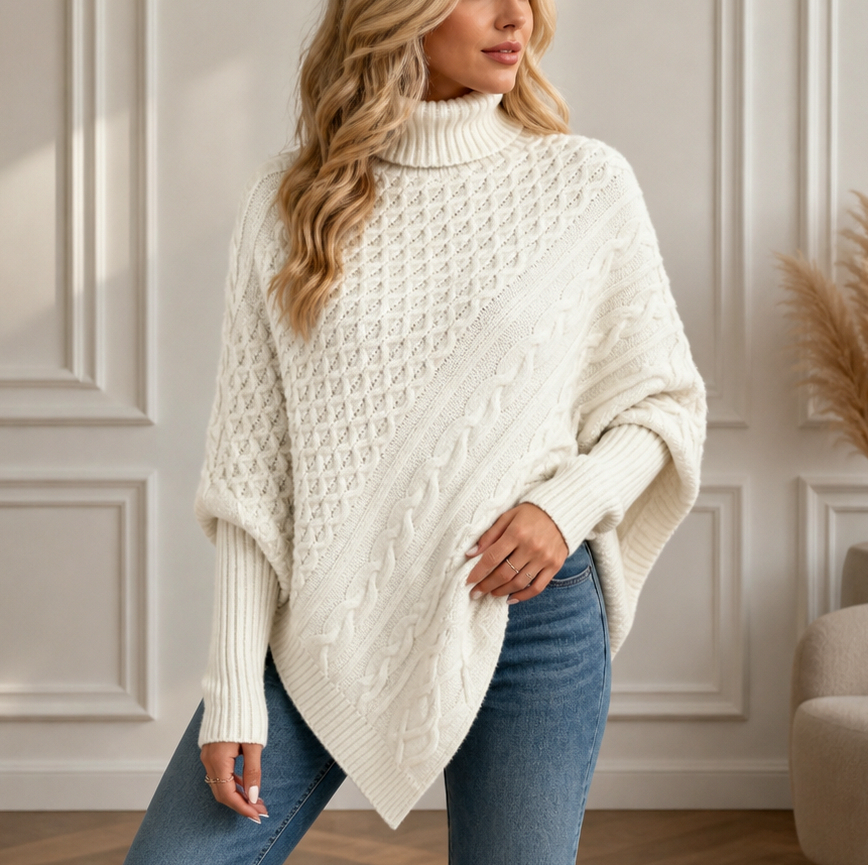 Cable Knit Turtleneck Asymmetric Sweater