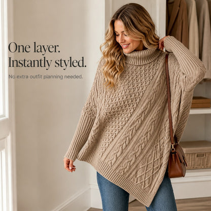 Cable Knit Turtleneck Asymmetric Sweater