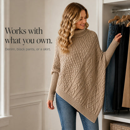 Cable Knit Turtleneck Asymmetric Sweater