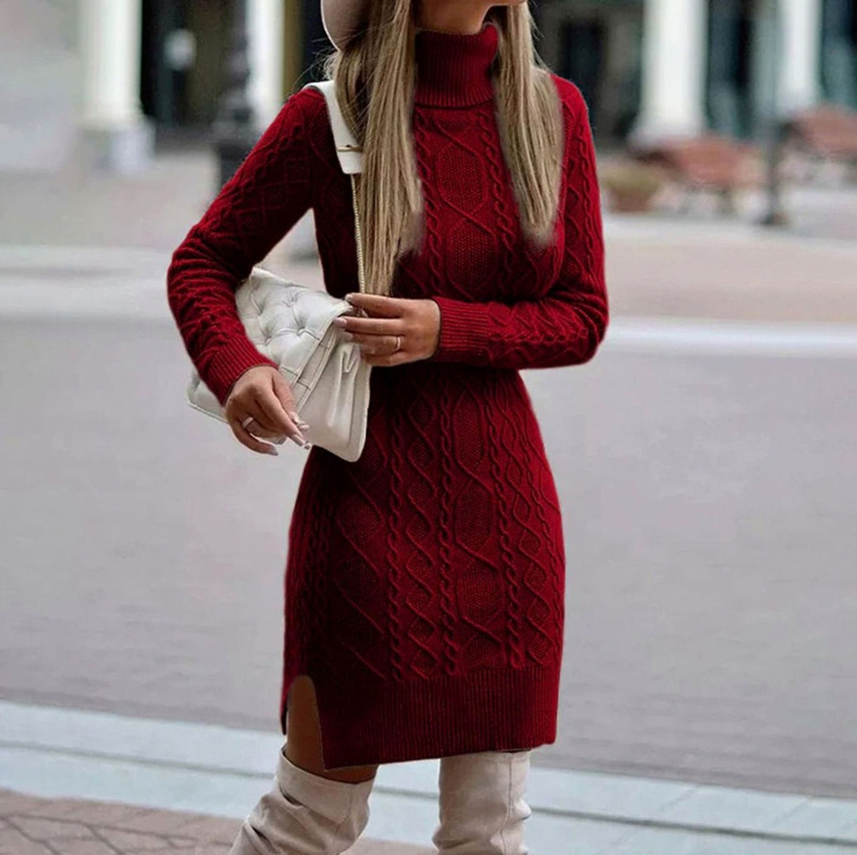 Cable Knit Turtleneck Sweater Dress