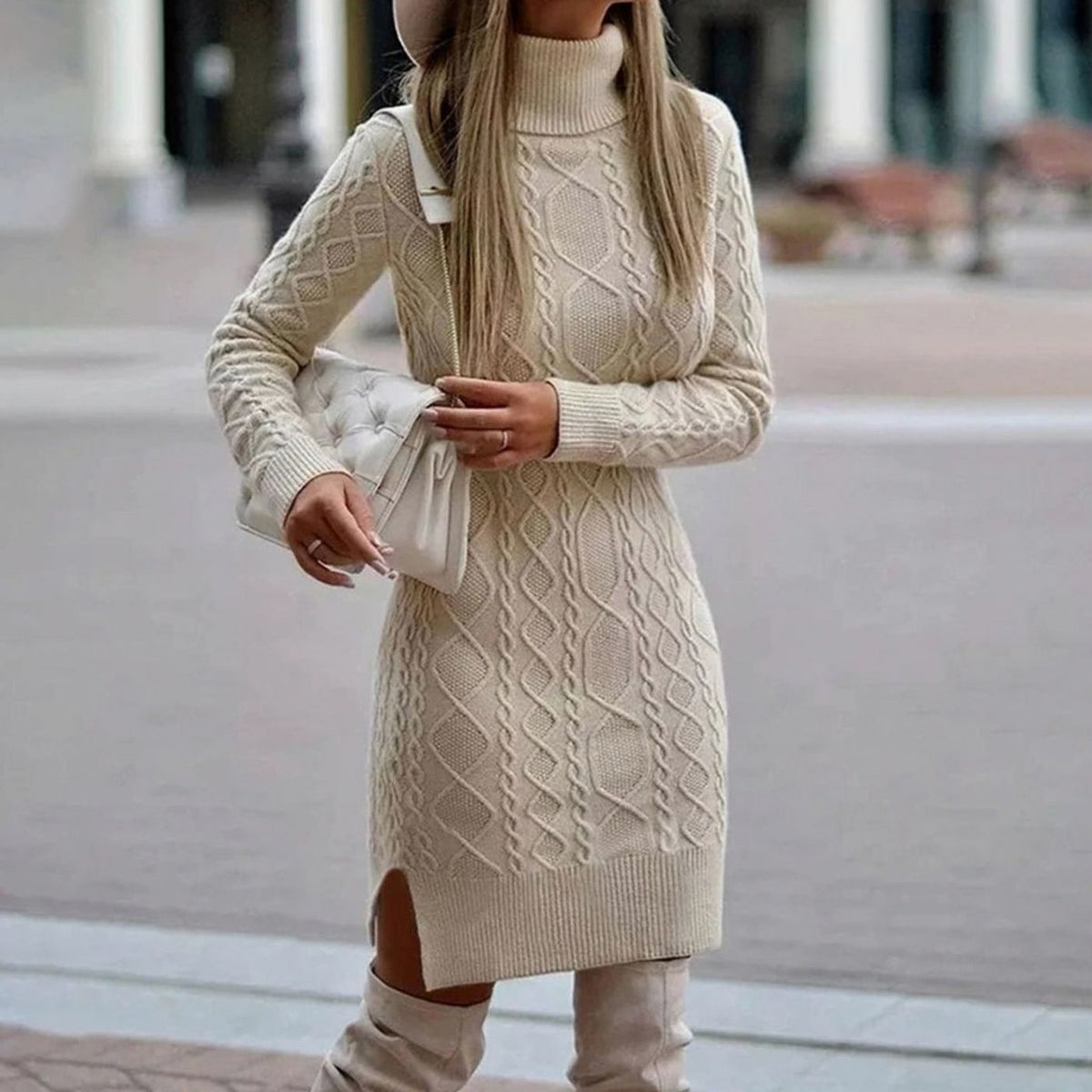 Cable Knit Turtleneck Sweater Dress