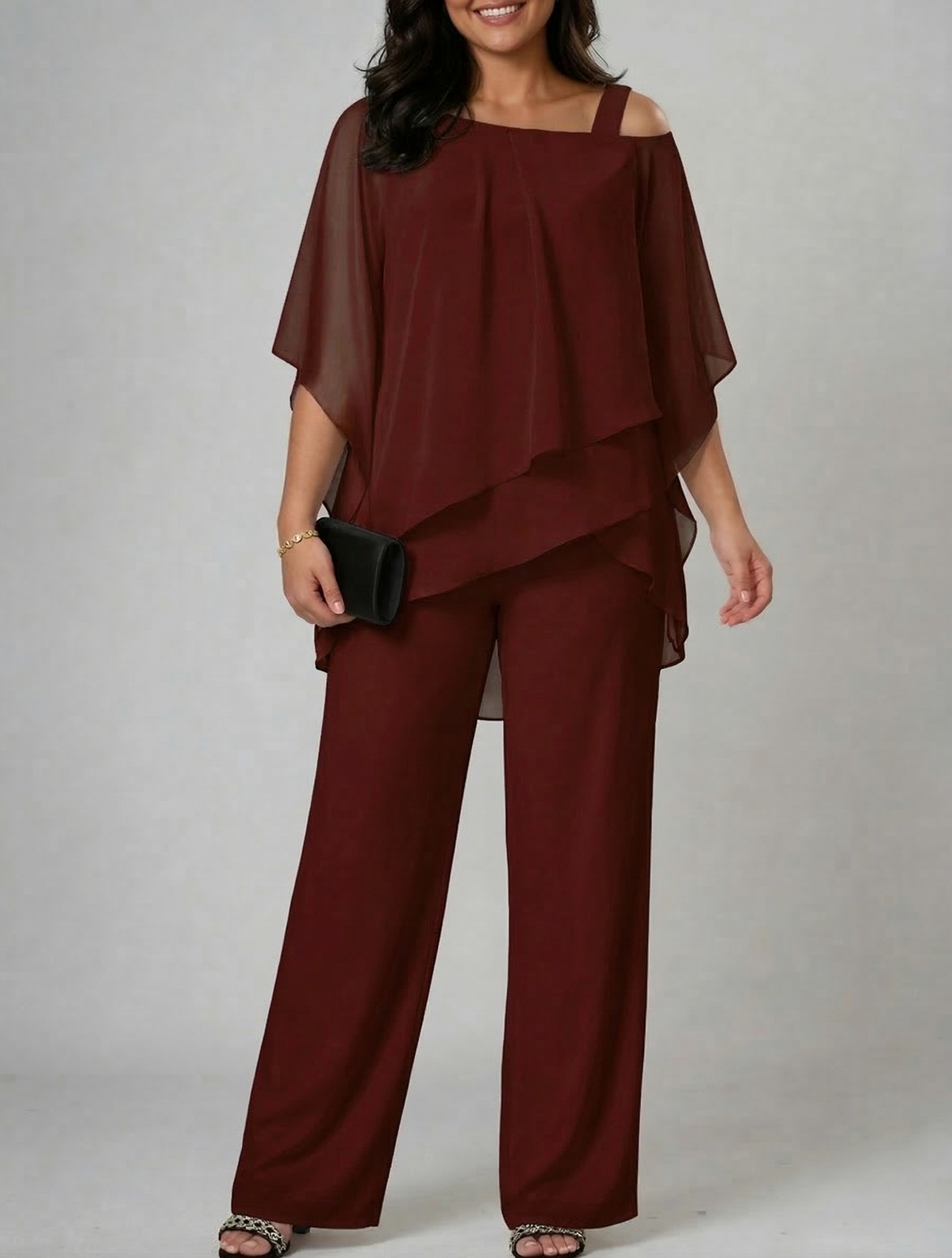 Chiffon Cold Shoulder Pant Set