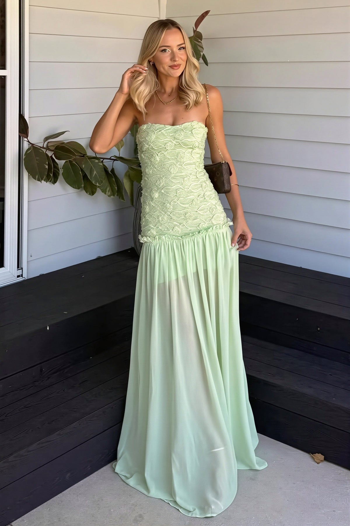 Chiffon Drop Waist Strapless Maxi Dress