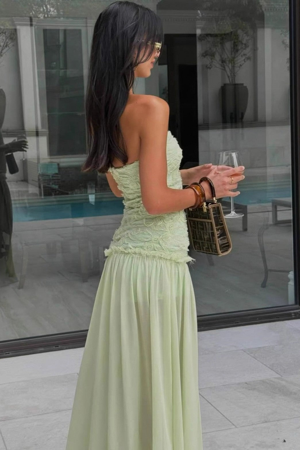Chiffon Drop Waist Strapless Maxi Dress