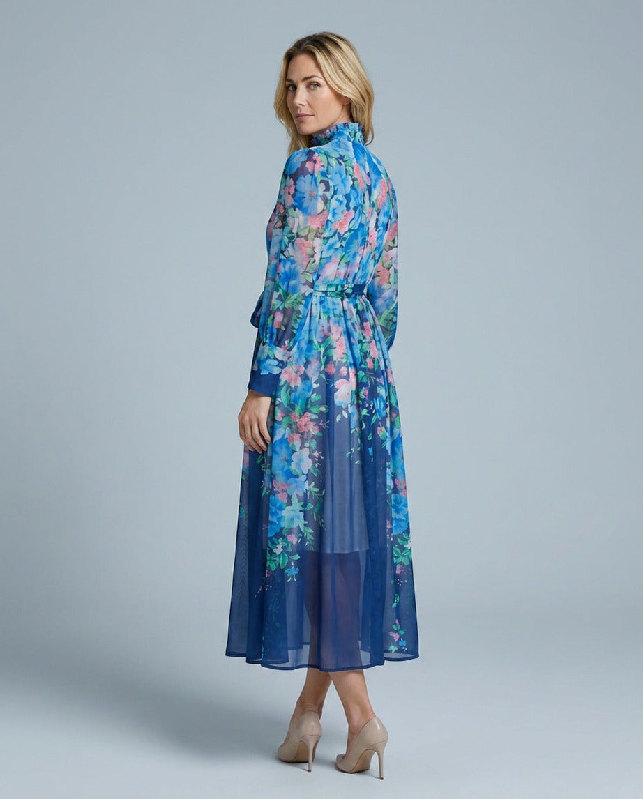 Chiffon Floral Long Sleeve Midi Dress