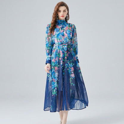 Chiffon Floral Long Sleeve Midi Dress