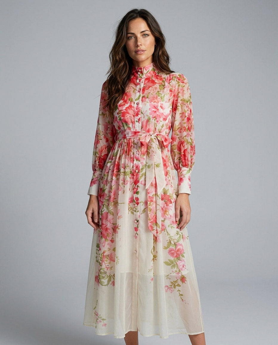 Chiffon Floral Long Sleeve Midi Dress