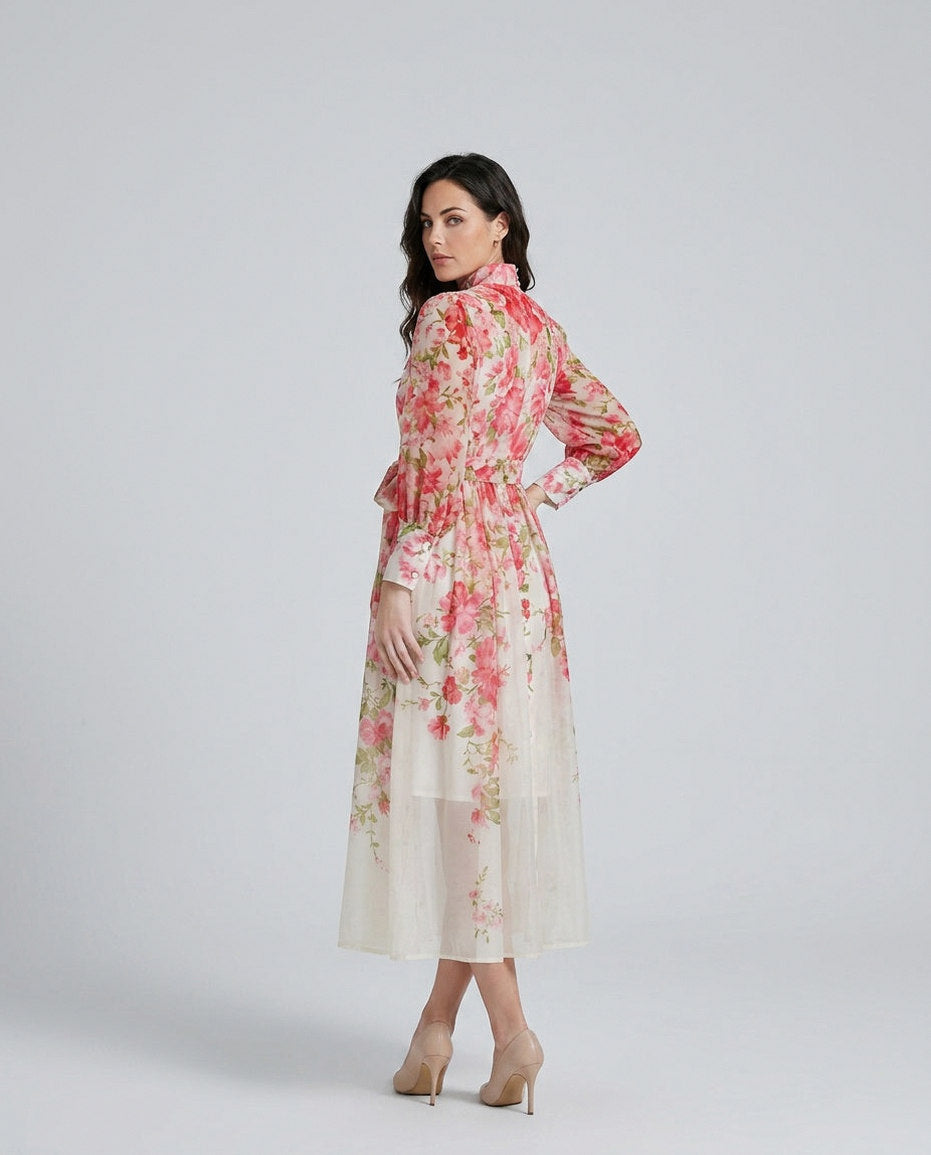 Chiffon Floral Long Sleeve Midi Dress