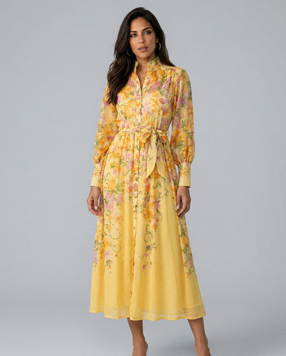 Chiffon Floral Long Sleeve Midi Dress