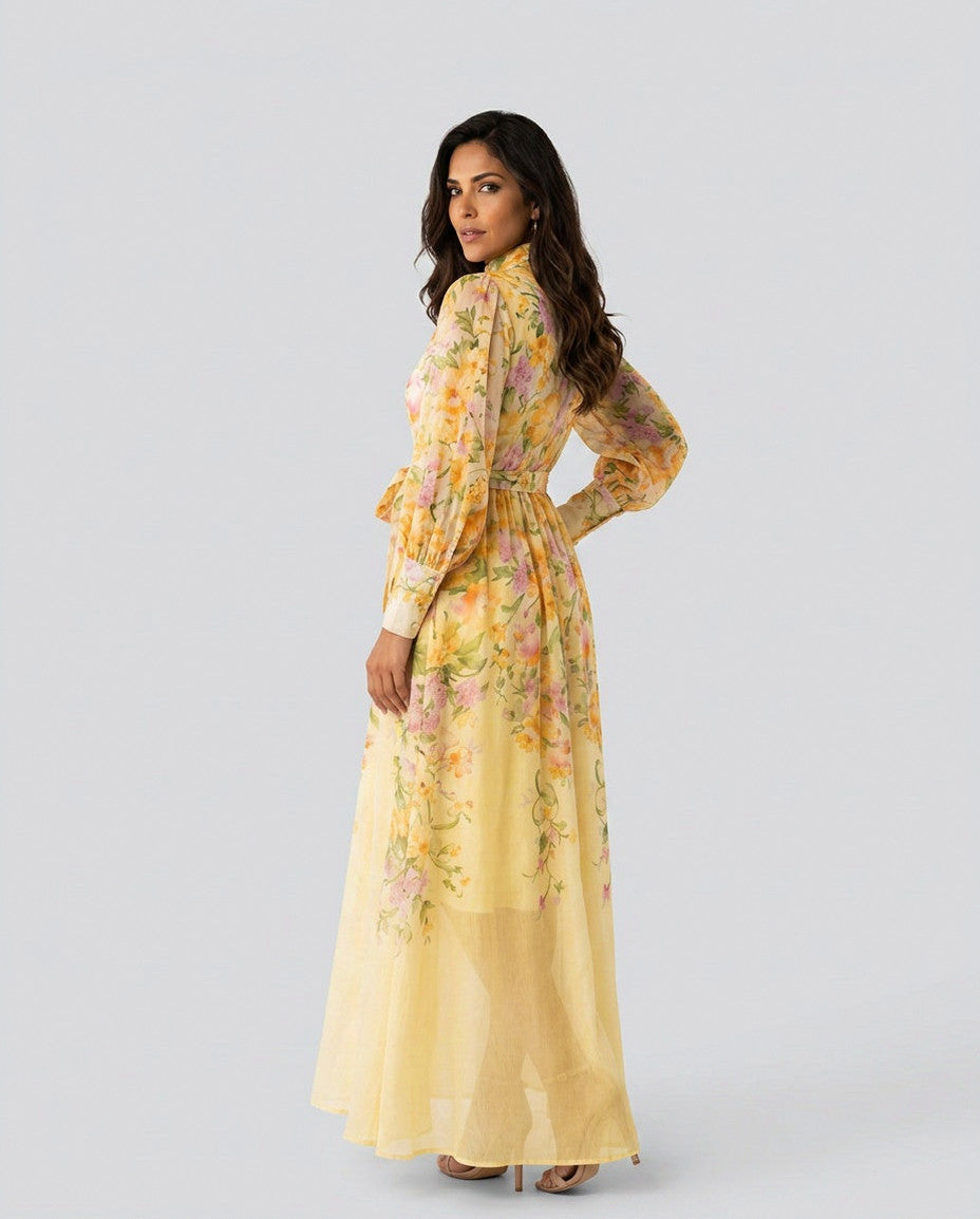 Chiffon Floral Long Sleeve Midi Dress