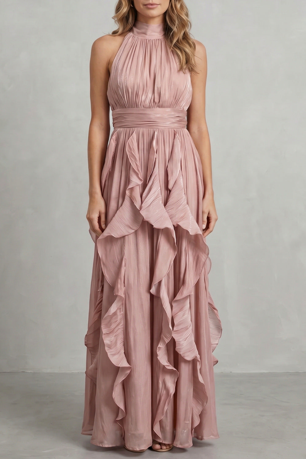 Chiffon Halter Pleated Maxi Dress